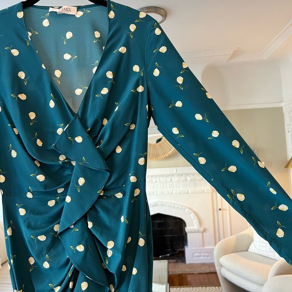 Intermix Teal Floral Long Sleeve Silk Mini Dress - Picture 4 of 9